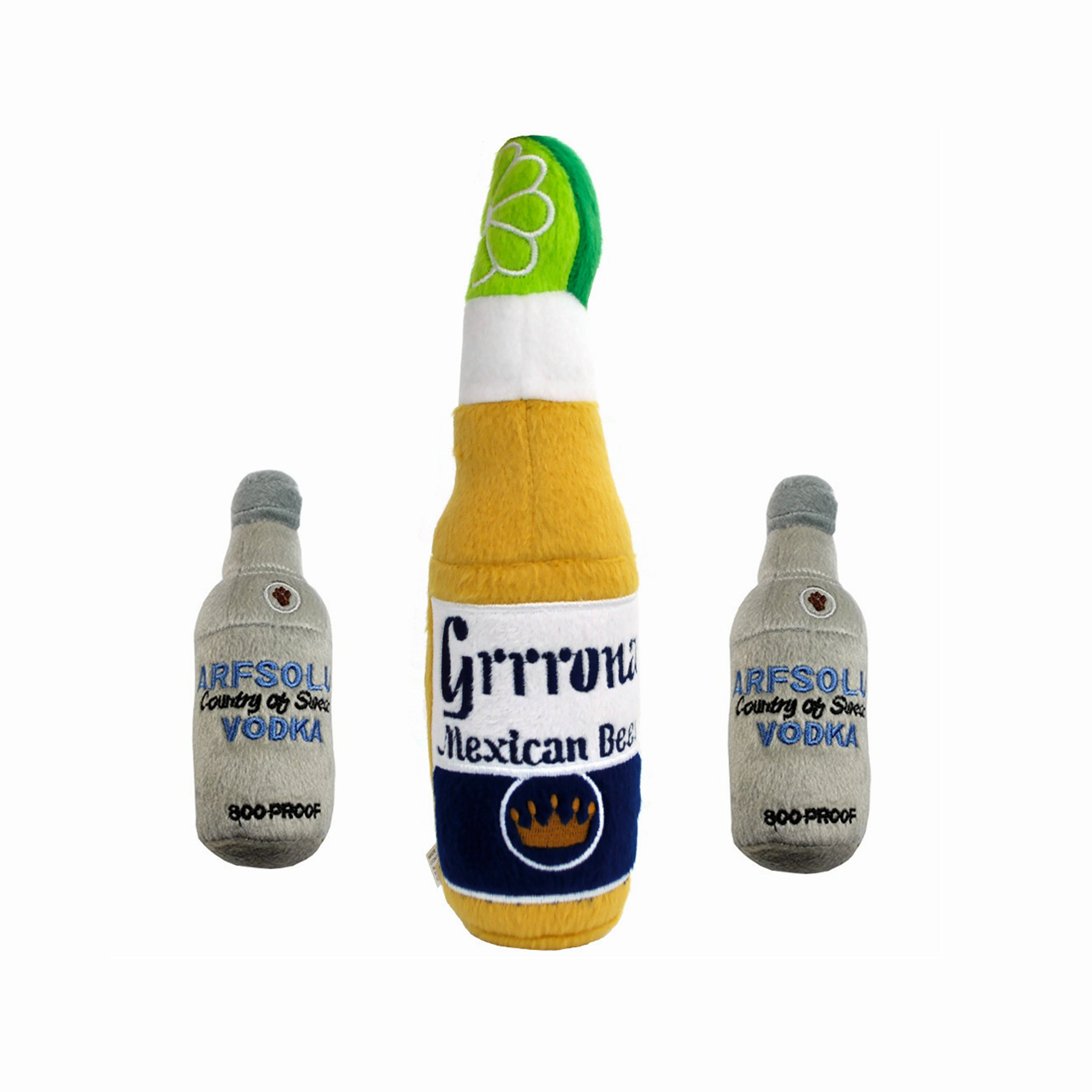Juguete de encargo relleno suave de la felpa de la forma de la botella del perro con el chirriador