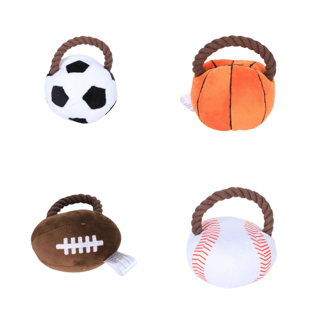 Kreat&iacute;vna hračka zo s&eacute;rie plyšov&yacute;ch loptičiek pre psov s p&iacute;skacou žuvačkou z bavlnen&eacute;ho povrazu