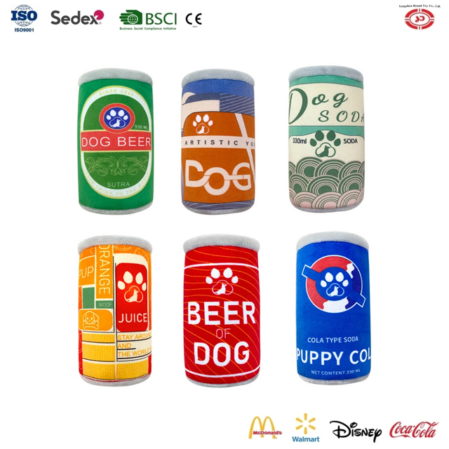 Yd-bd007 soda beer ay maaaring pasadyang disenyo ng alagang hayop mas malambot na plush squeakky dog ​​chewy toy