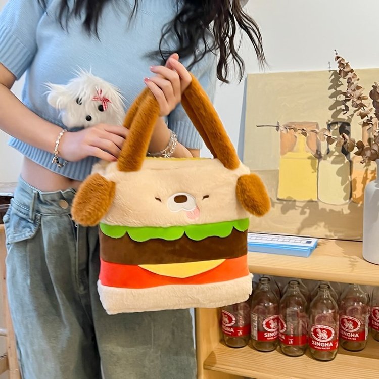 Viverra Girl Donum Plush Stuffed Hamburger Dog Toy Handbag