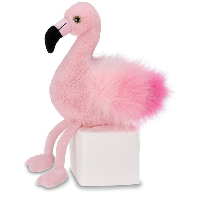 Foshnja shoqëron lodër prej pelushi të mbushur me karikaturë rozë kukull flamingo