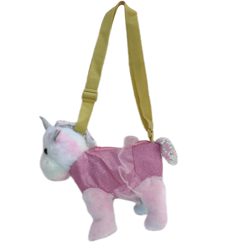 Ljus plysch fylld söt enhörning leksak alpakka crossbody myntväska