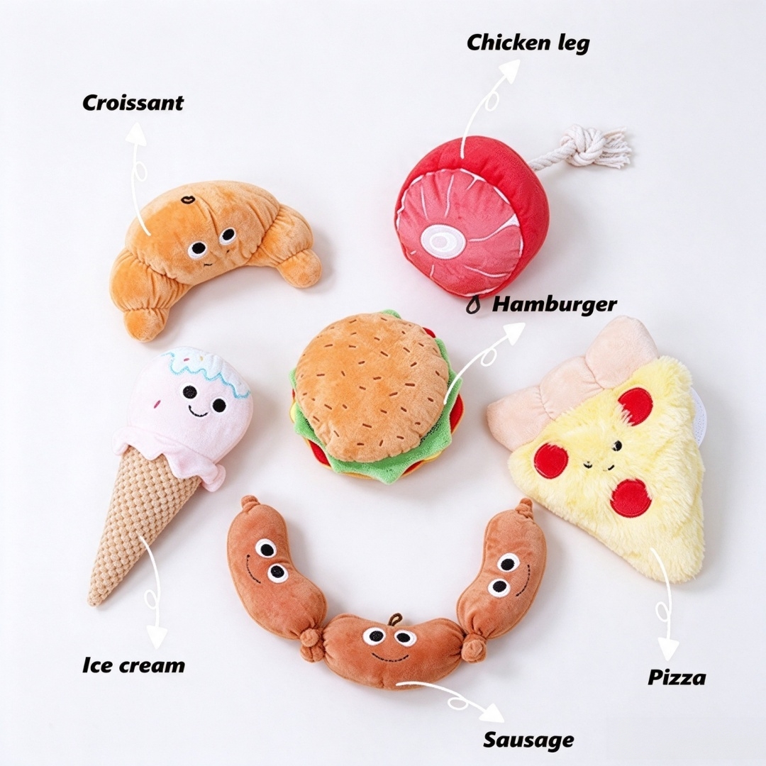 Ps&iacute; p&aacute;rty Food Design Hamburger Měkk&eacute; plyšov&eacute; p&iacute;skac&iacute; žv&yacute;kac&iacute; hračky