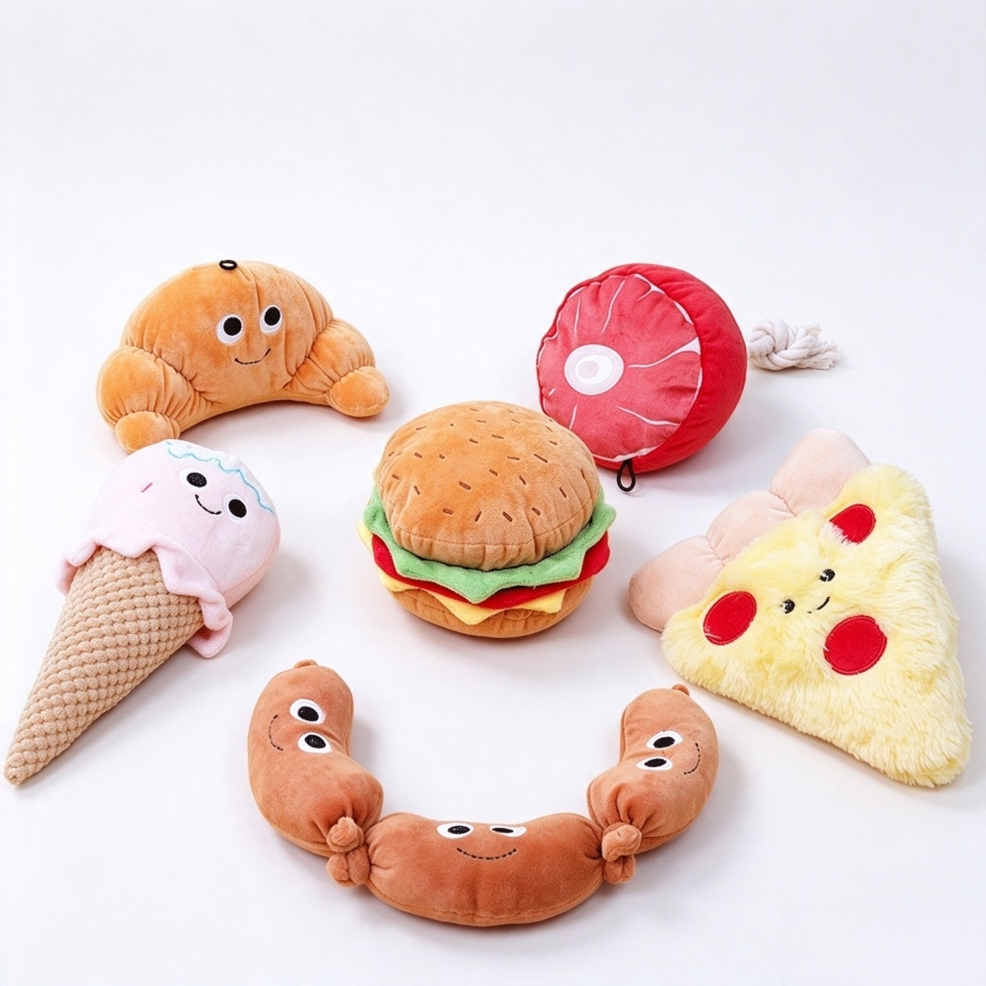 Ps&iacute; p&aacute;rty Food Design Hamburger Měkk&eacute; plyšov&eacute; p&iacute;skac&iacute; žv&yacute;kac&iacute; hračky